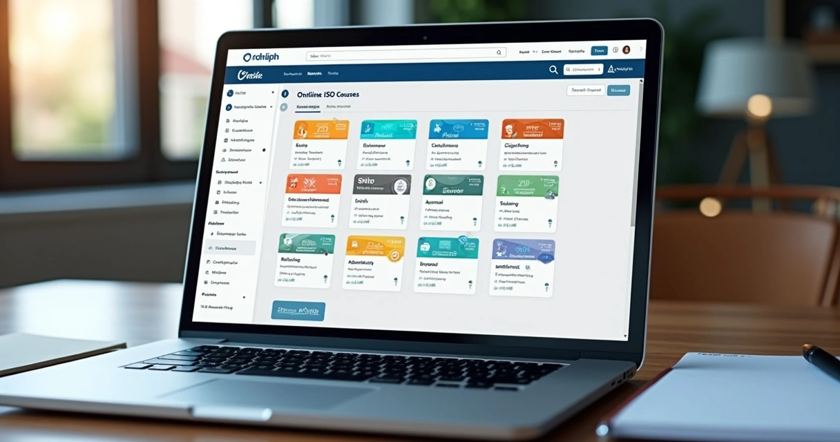 Tela de plataforma digital mostrando cursos e certificados para ISO 