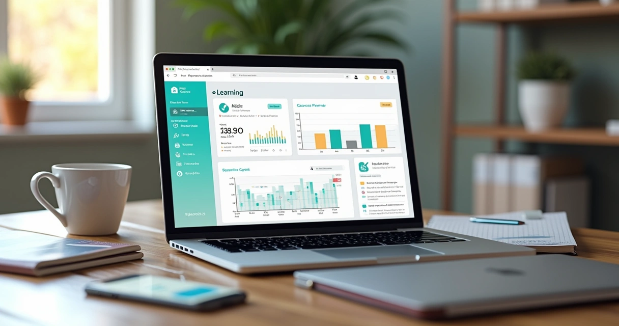 Computador aberto mostrando interface de plataforma EAD com curso online, gráficos de desempenho e ícones de segurança e pagamento 