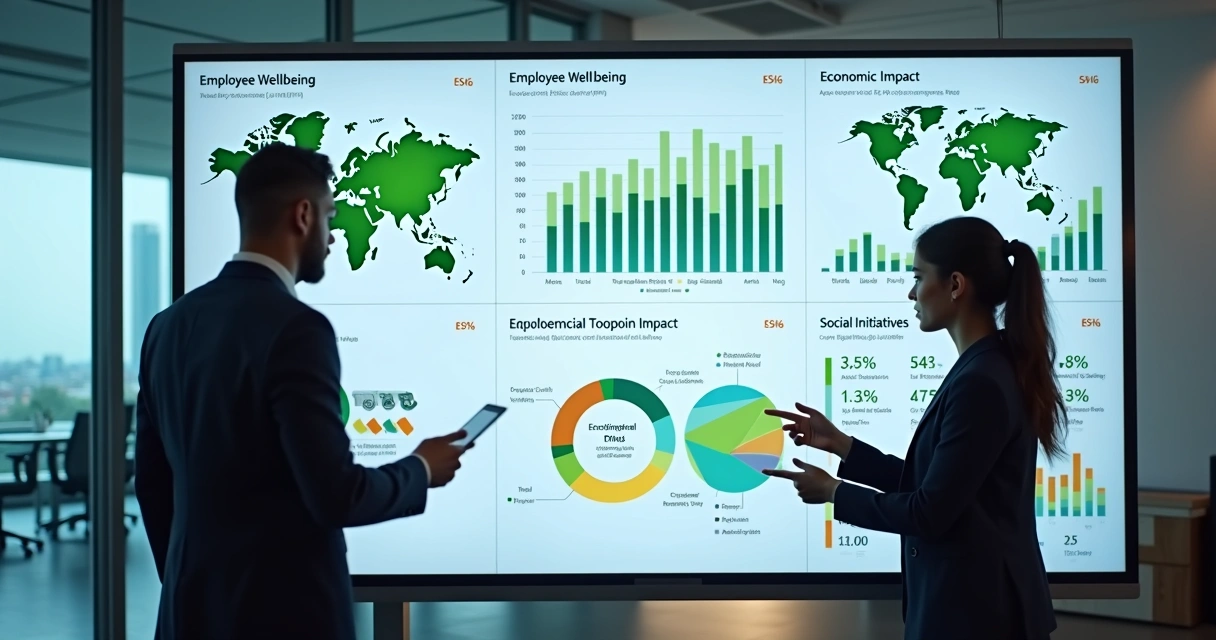 Painel digital exibindo métricas ESG e impacto social em tela widescreen 