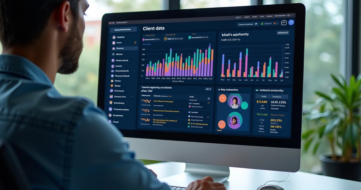 Plataforma de dados exibindo informações detalhadas de clientes com gráficos coloridos 