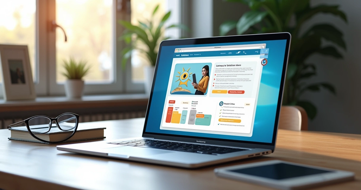 Computador moderno mostrando uma plataforma de cursos online com interface limpa e colorida, áreas de vídeo aula, painel de progresso do aluno e opções de pagamento na tela 