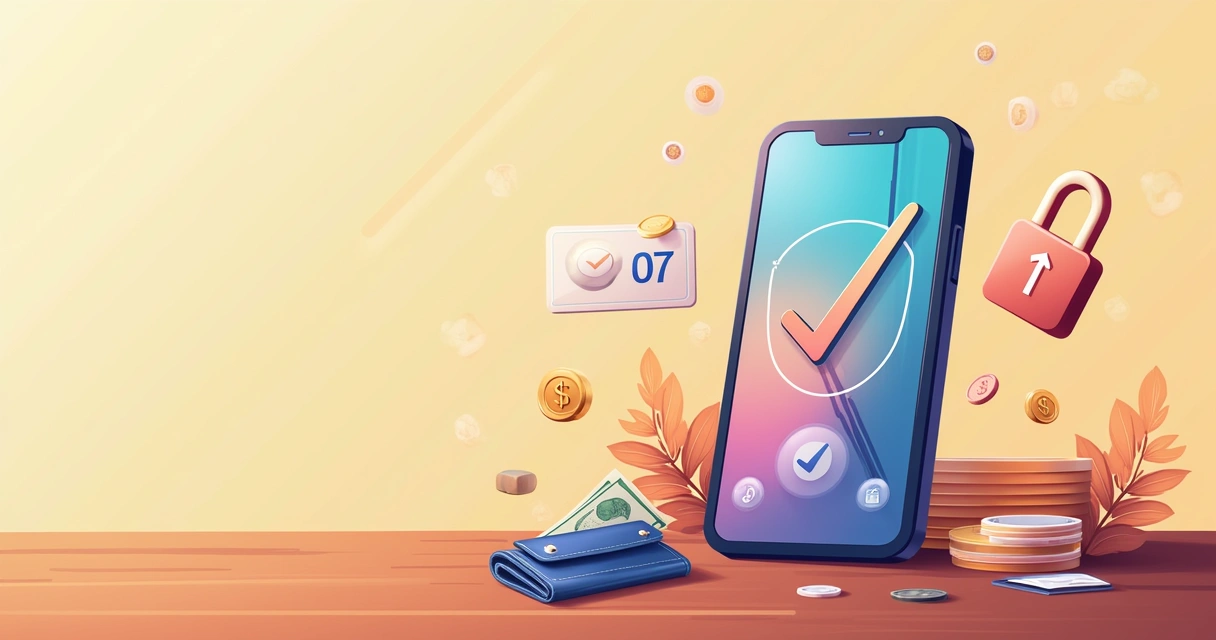 Ilustración de un smartphone con una app de pago digital y elementos que representan conveniencia y seguridad.
