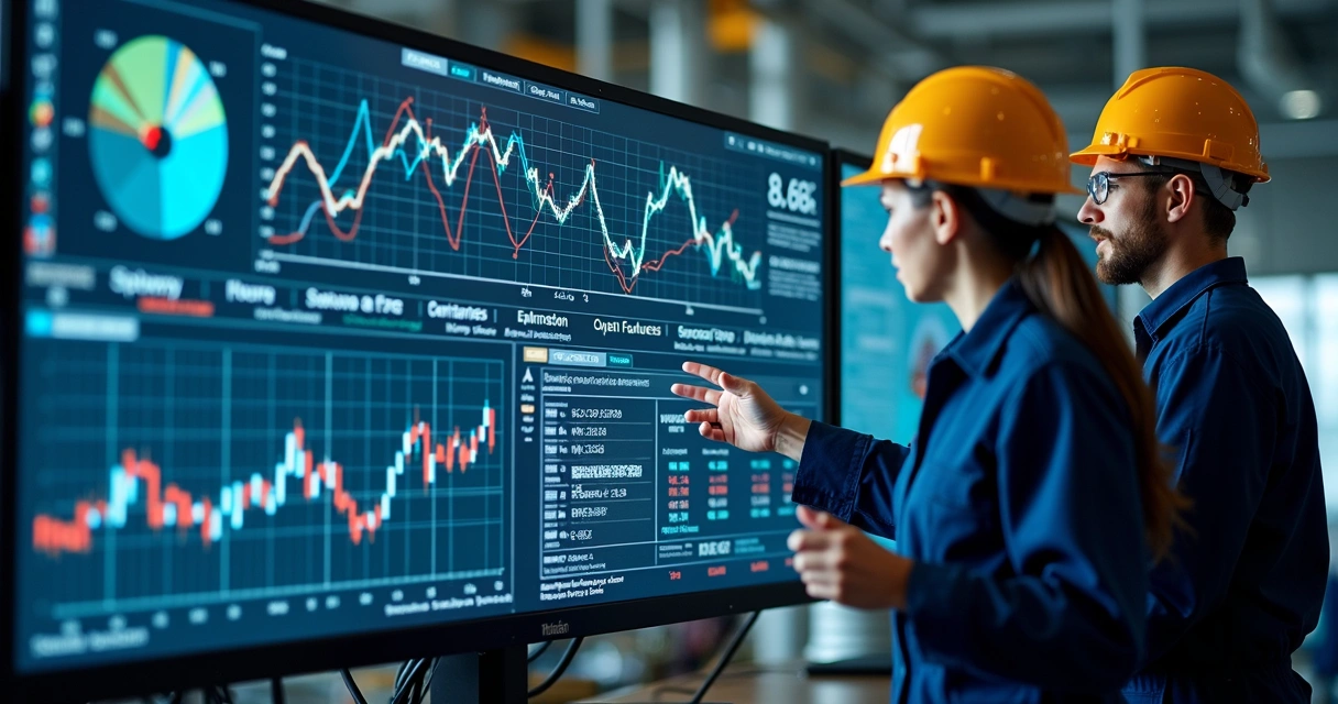 Tela de plataforma digital com gráficos industriais e indicadores, equipe acompanhando análise em monitor 