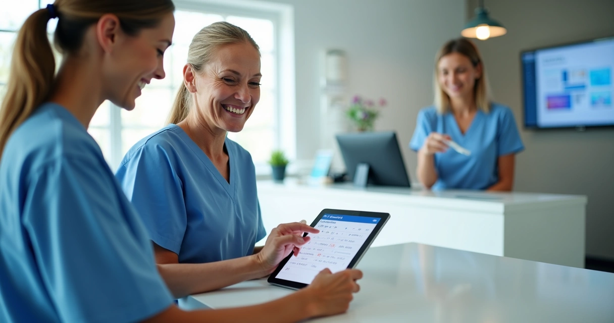 Usando plataforma digital para agendamento médico em consultório moderno 