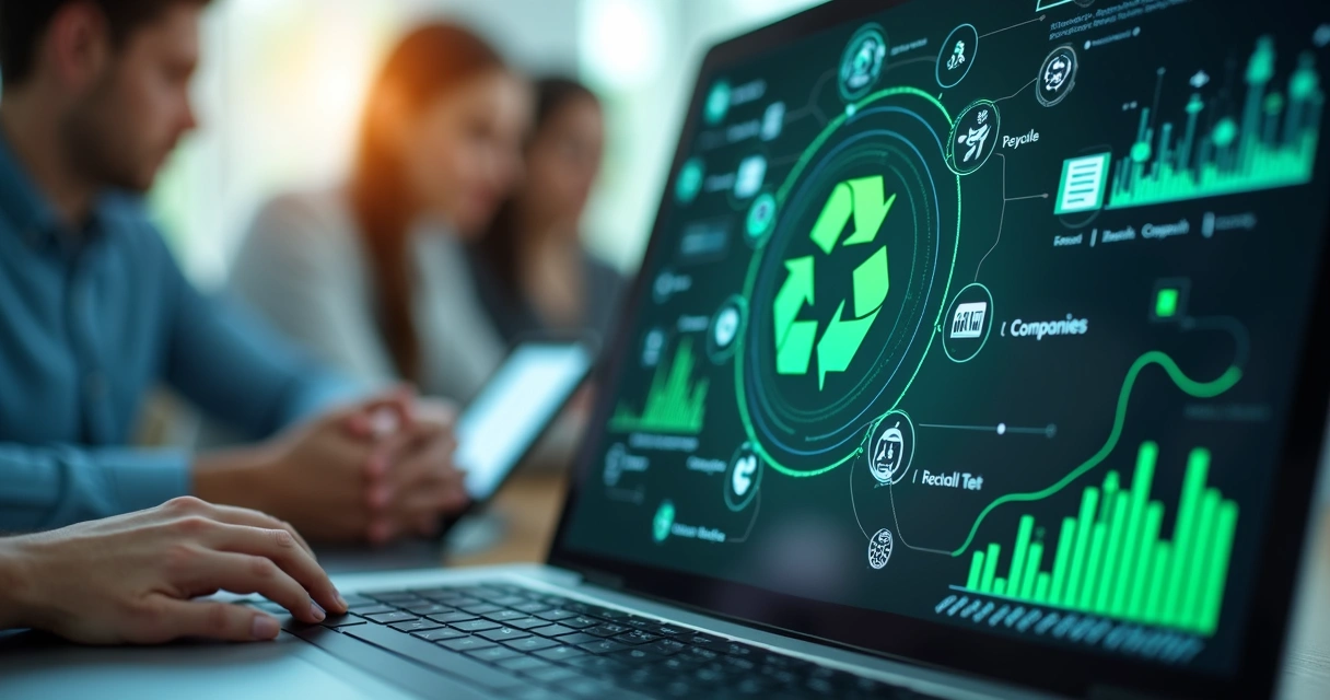 Tela de plataforma digital mostrando empresas conectando com projetos de reciclagem