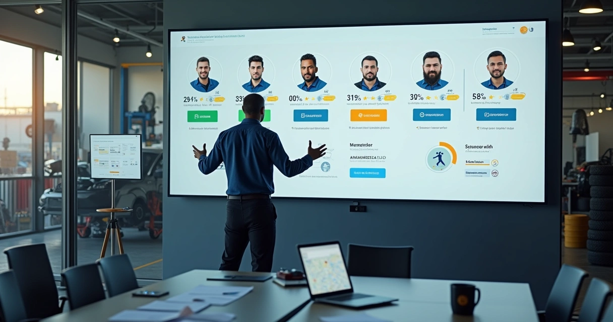 Gestor de oficina avaliando perfis de mecânicos em plataforma digital gigantesca na parede 