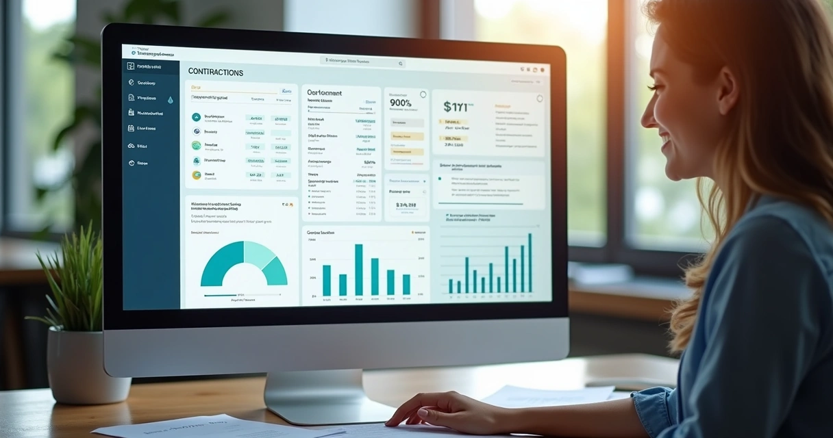 Tela de plataforma digital de gestão de contratos de aluguel e gráficos de desempenho. 