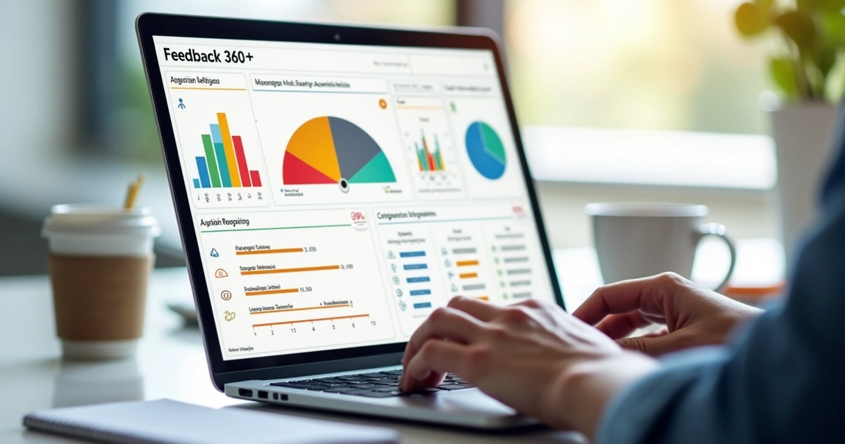 Plataforma digital de feedback 360 sendo usada em notebook, com gráficos coloridos na tela 