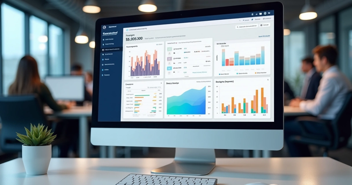 Painel digital de gestão financeira com gráficos e logomarca de fintech 
