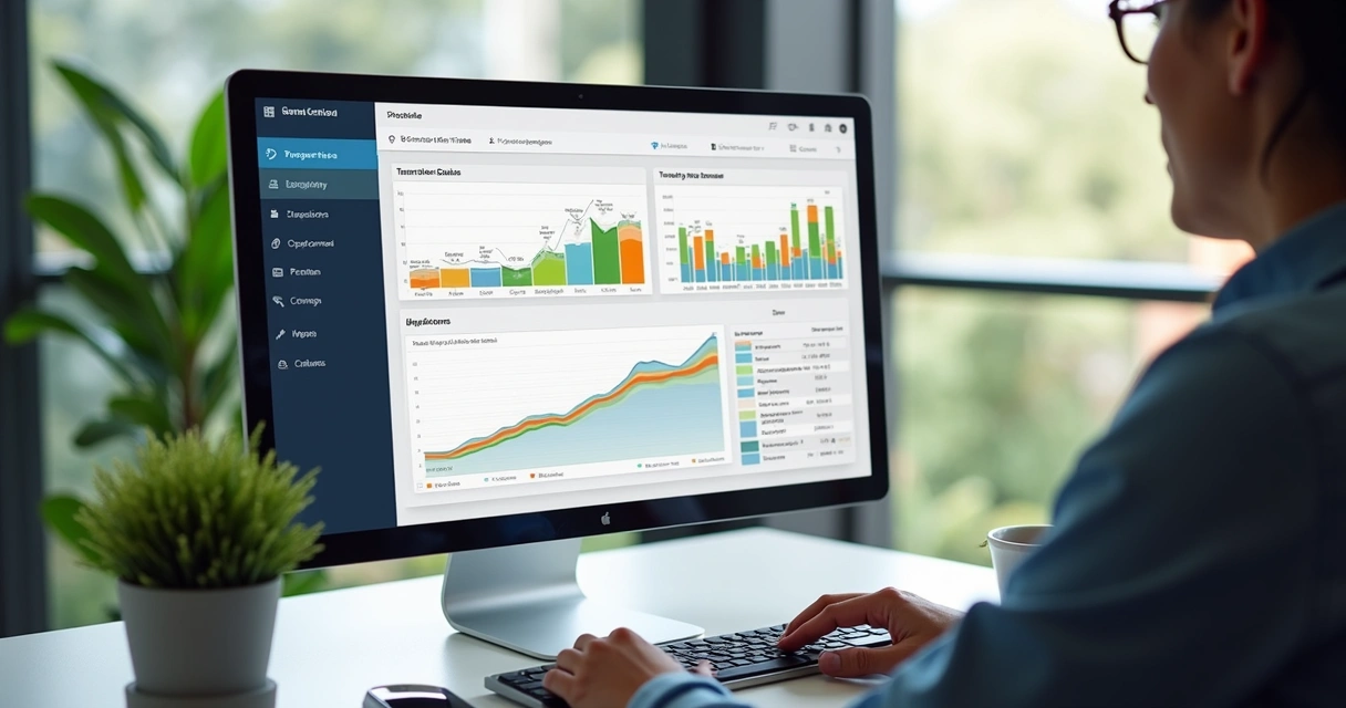 Tela de plataforma digital de gestão de aluguel com gráficos 