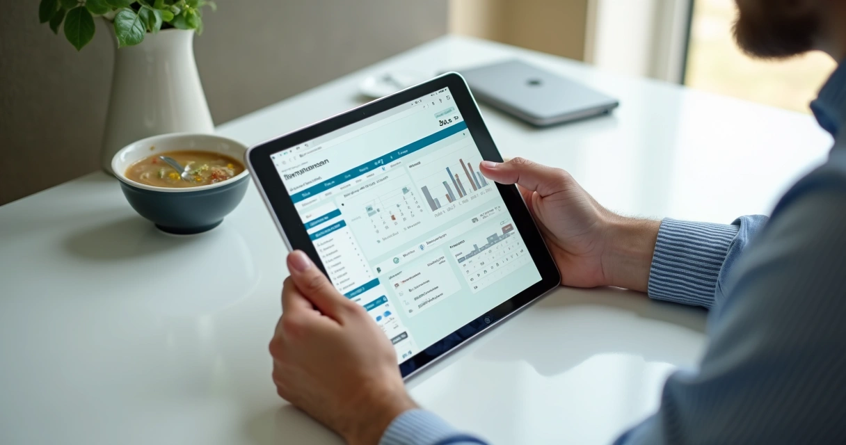Morador acessando plataforma digital de condomínio em tablet 