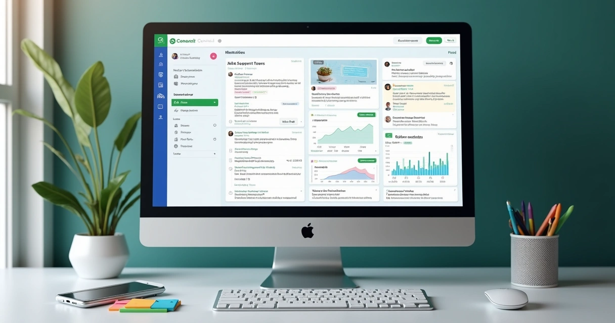Tela de plataforma digital com tickets, histórico de conversas e gráficos de atendimento para imóveis e condomínios 