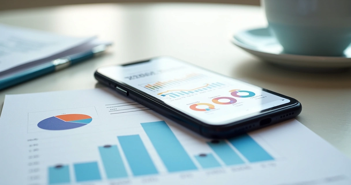 Tela de aplicativo de gestão patrimonial automatizada em smartphone sobre mesa clara 