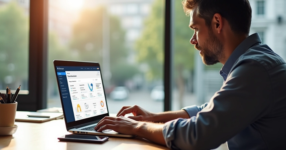 Proprietário usando plataforma digital imobiliária no notebook