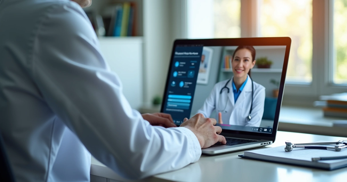 Médico usando plataforma digital em consulta online. 