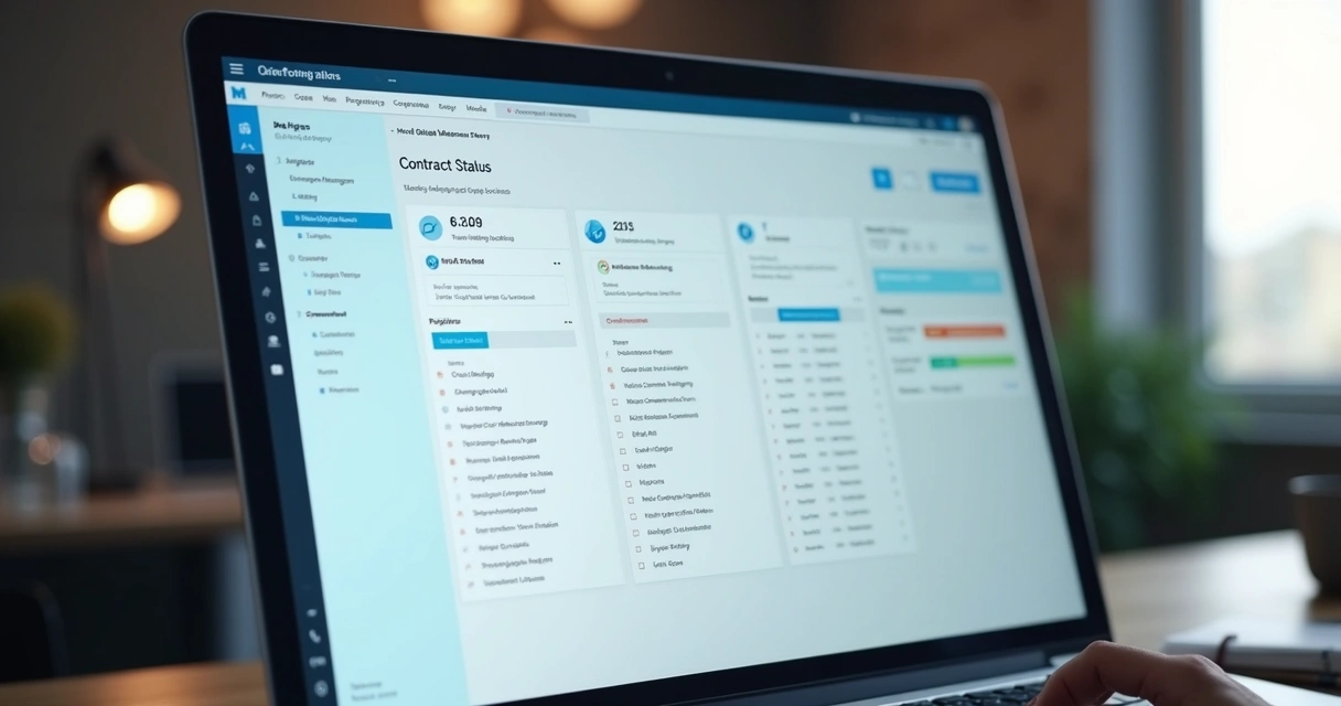 Interface de gestão digital de contratos com modelos e histórico visíveis 