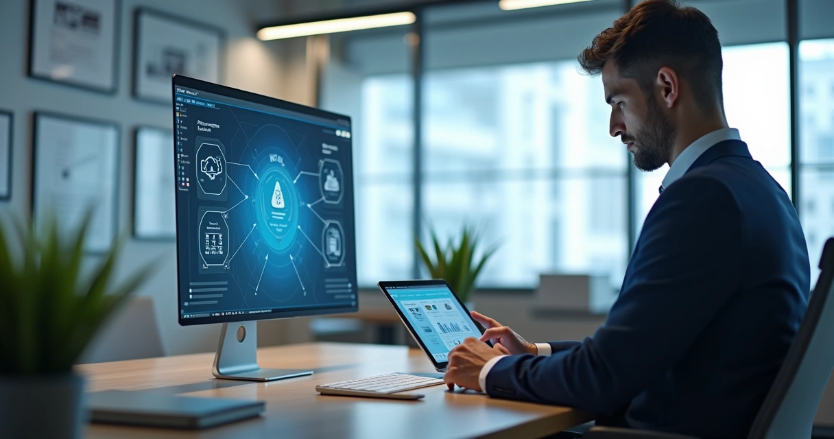 Profissional usando plataforma digital de NF-e em tablet e computador, com gráficos e nuvem 