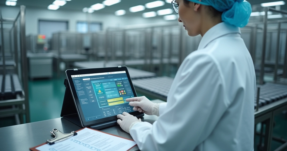 Gestor analisando planos de ação digitais em tablet dentro de fábrica de alimentos 