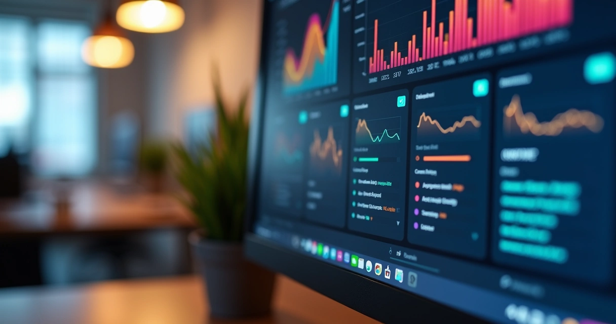 Tela de computador exibindo plataforma digital de gestão e marketing 