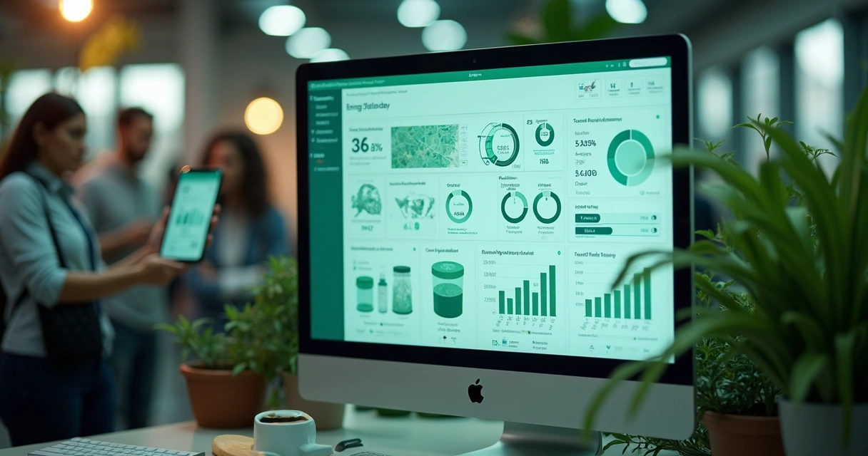Painel de plataforma digital de reciclagem com gráficos de impacto em destaque