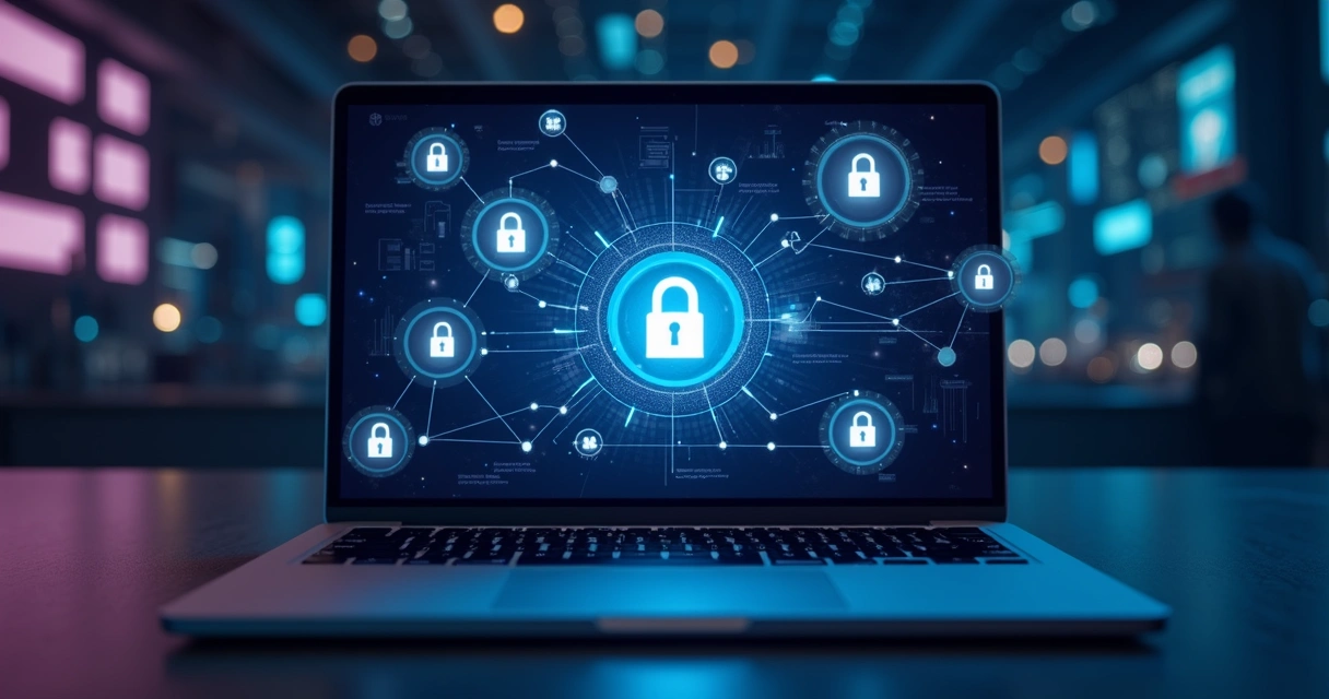 Interface de plataforma digital protegida em ambiente escuro, com ícones de cadeado e pessoas conectadas 