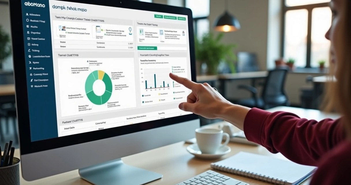 Tela de plataforma digital mostrando gráficos e checklists de treinamentos realizados 