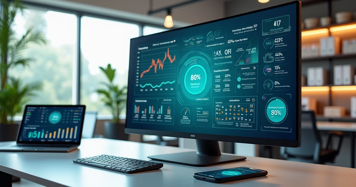Tela de computador mostrando painel de controle de plataforma digital integrada com gráficos, estoque, e-commerce e vendas em tempo real para varejo omnichannel 