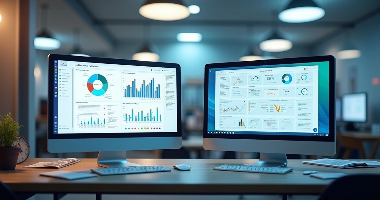 Comparação entre plataformas digitais modernas e sistemas tradicionais de gestão na construção, com telas de computador mostrando gráficos e documentos organizados lado a lado 