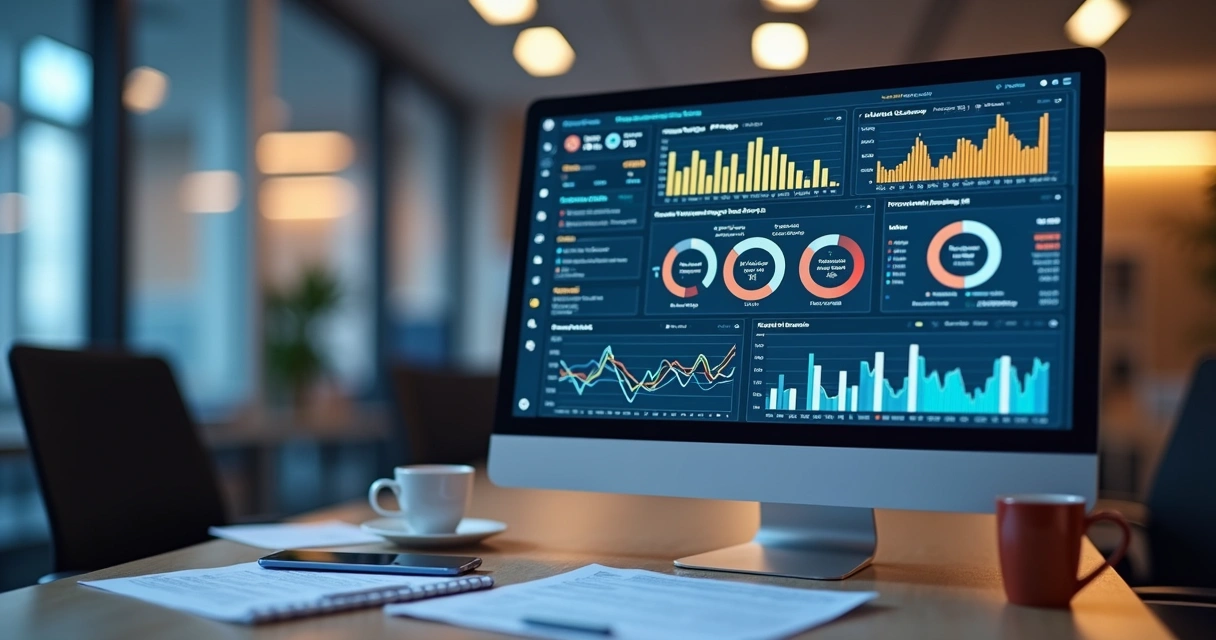 Computador exibindo painel digital com análise de dados empresariais e gráficos financeiros detalhados 