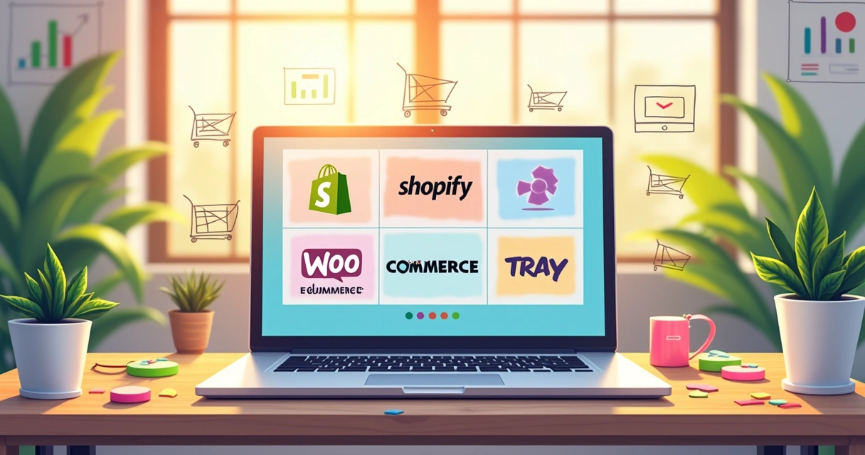 Área de trabalho de e-commerce com laptop exibindo várias plataformas de vendas online e decoração leve.