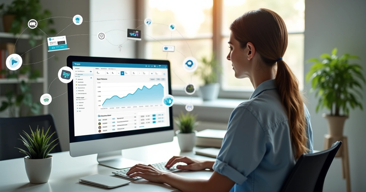 Mulher usando computador com tela mostrando plataforma de e-commerce Tray, gráficos e integração de marketplaces