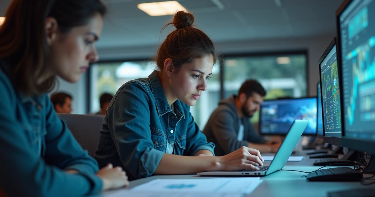 Tela moderna de plataforma EAD com gráficos e pessoas estudando em dispositivos digitais 
