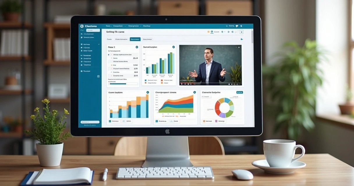 Tela de plataforma online de curso de administração com gráficos e textos 