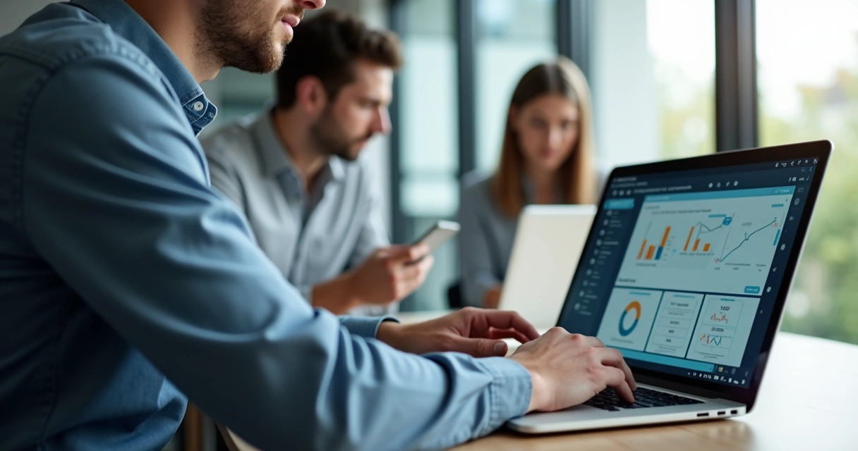 Homem usando plataforma EAD em laptop durante treinamento corporativo