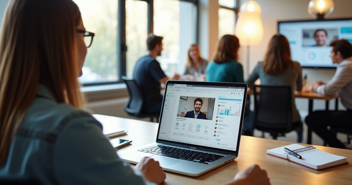 Profissional acompanhando curso EAD de liderança no notebook em ambiente corporativo moderno 