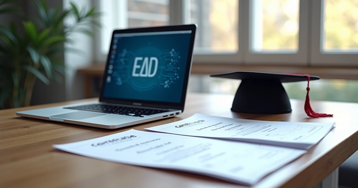 Tela de plataforma EAD ao lado de documentos acadêmicos