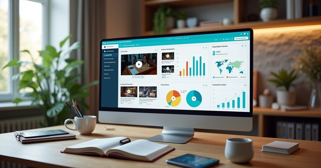 Computador com tela mostrando plataforma EAD para gerenciamento e monetização de cursos online, com gráficos e vídeos 