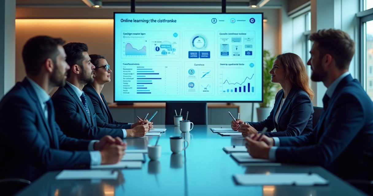 Equipe corporativa utilizando uma plataforma EAD em grande tela interativa durante treinamento 