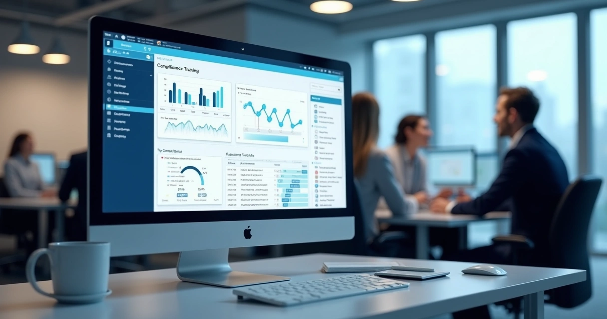 Tela de plataforma EAD com relatórios de compliance abertos 
