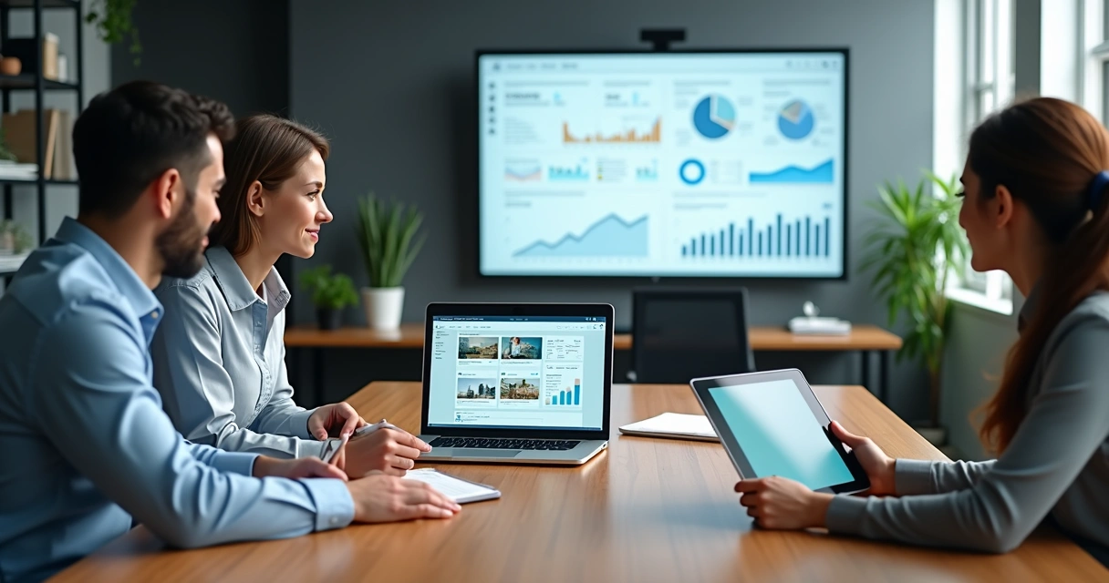 Equipe analisando plataforma EAD em painel com gráficos e cursos online 