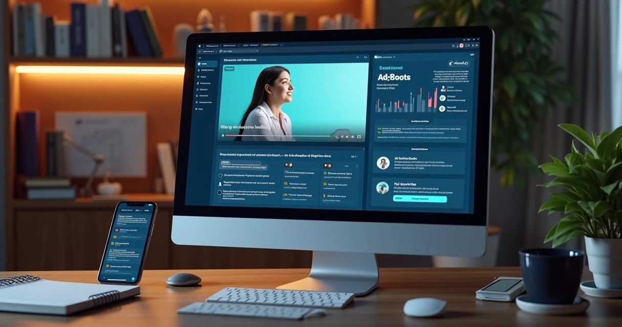 Tela de computador com plataforma EAD mostrando curso online, gráficos de progresso e chat com inteligência artificial 