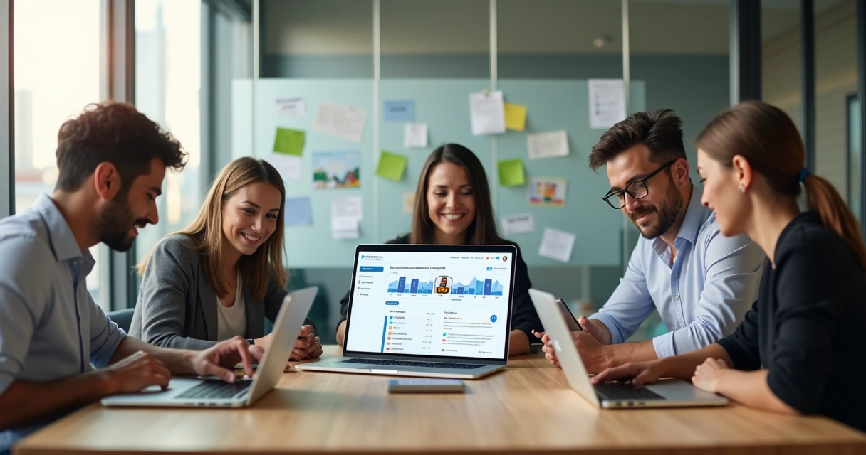 Equipe de pequenas empresa usando plataforma EAD em diferentes dispositivos em um escritório moderno 