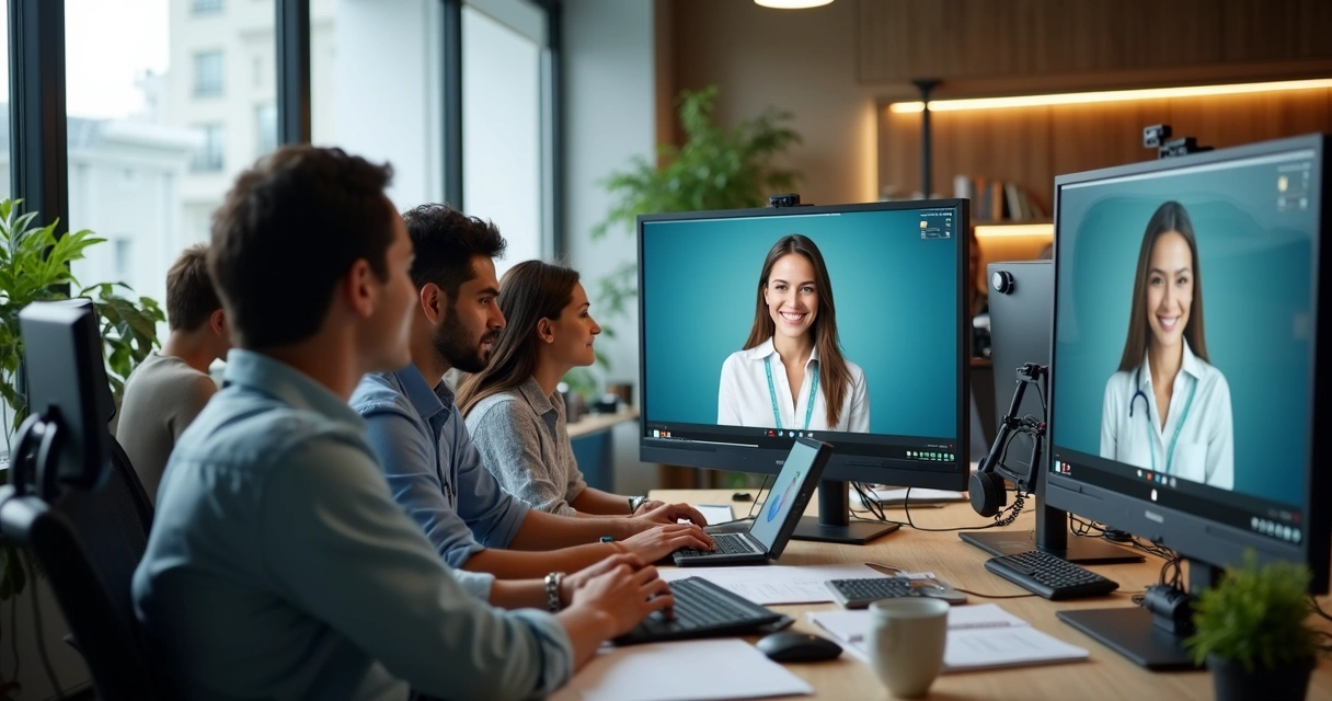 Equipe de suporte de plataforma EAD auxiliando professores online 