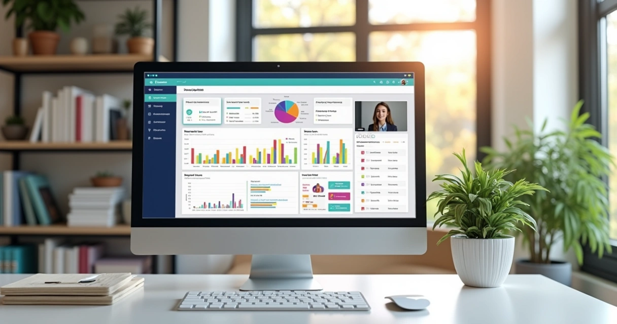 Tela de computador exibindo plataforma EAD com dashboard, gráficos de desempenho e vídeo aula ao vivo integrada com Zoom 