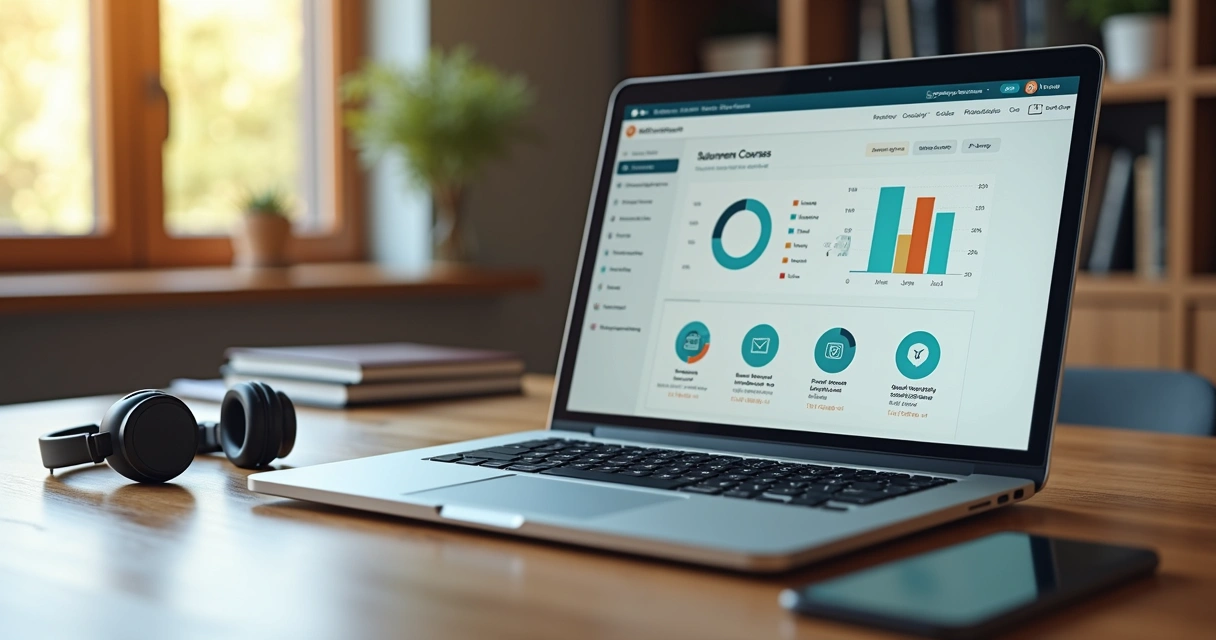Tela de notebook exibindo plataforma EAD com dashboard de cursos online e interface intuitiva 