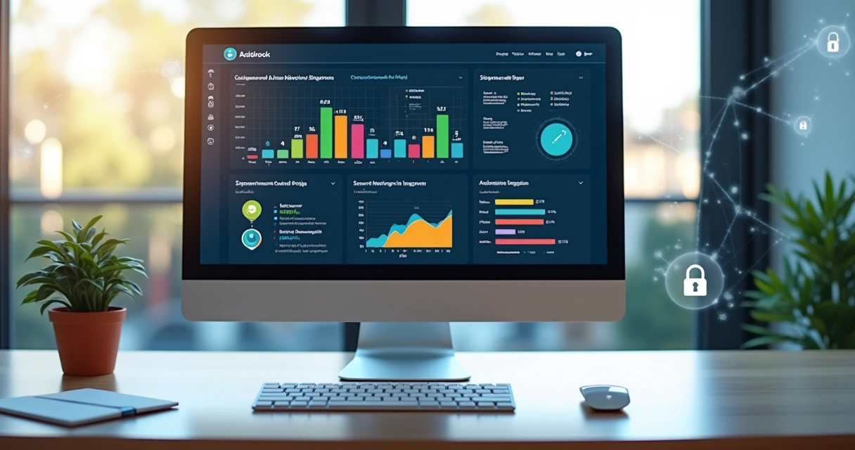 Tela de computador exibindo plataforma EAD com gráficos, segurança digital e recursos educacionais avançados 