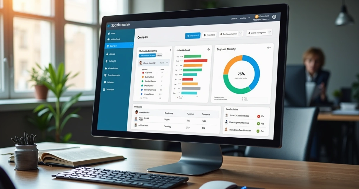 Tela de plataforma EAD corporativa mostrando cursos e progresso de funcionários 