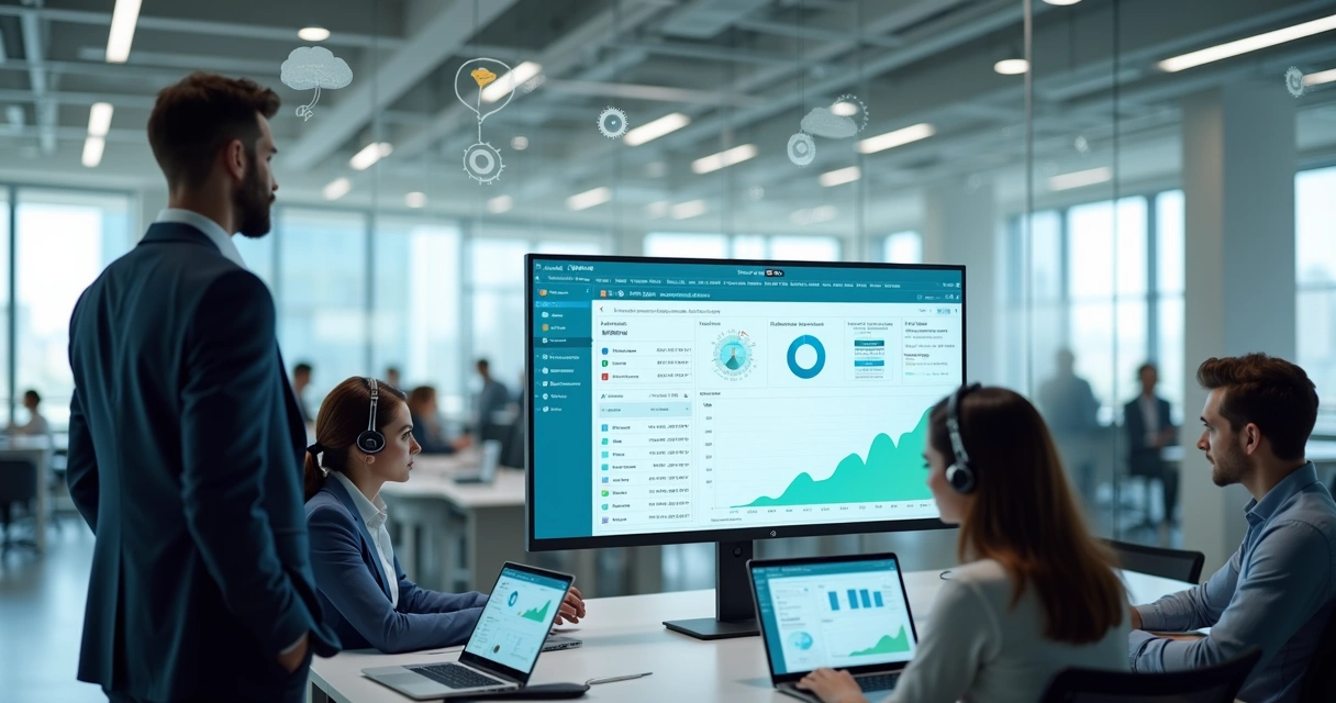 Gestor analisando painel de plataforma EAD com equipe em treinamento online 