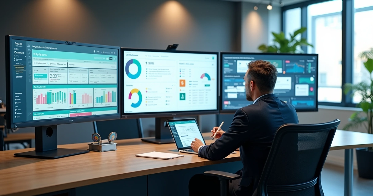 Gestor observa painel com jornada de educação de clientes em telas digitais 