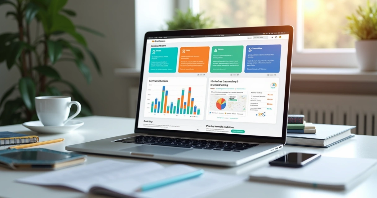 Interface realista e detalhada de uma plataforma de educação no-code exibida em tela de laptop moderna, com múltiplos módulos coloridos de aprendizagem e gráficos interativos 